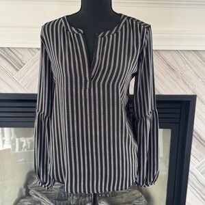 LOFT Striped Blouse Bell Sleeve Split‎ Neck Career Top XS